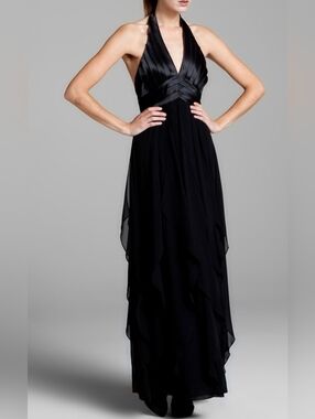BCBGMaxAzria Satin Chiffon Ruffle Halter Black Tie Formal Evening Maxi Dress